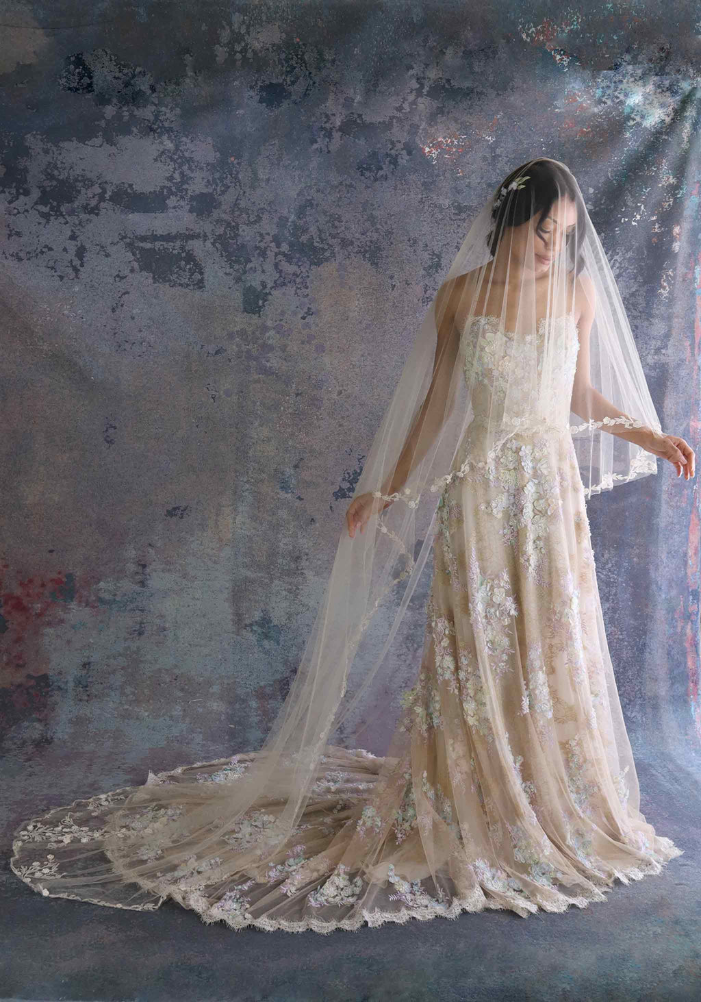 Flora Cathedral Veil | Flower Embroidered Veil | Claire Pettibone Ivory/Silver / Waterfall Cathedral (94"/239cm)