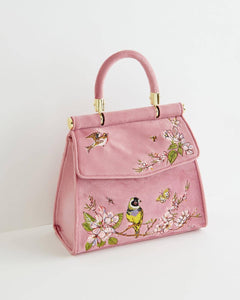 Bird Embroidered Mini Tote – Powder Pink Velvet