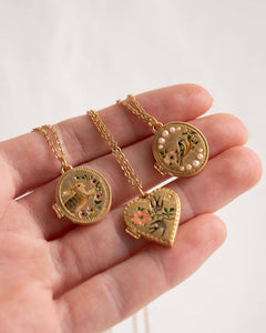 Blue Bird Pearl Locket Necklace – Hand-Painted Gold Keepsake