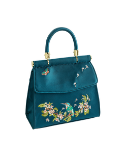 Kingfisher Embroidered Mini Tote – Teal Satin