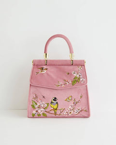 Bird Embroidered Mini Tote – Powder Pink Velvet