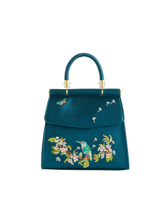 Kingfisher Embroidered Mini Tote – Teal Satin