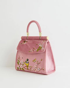 Bird Embroidered Mini Tote – Powder Pink Velvet