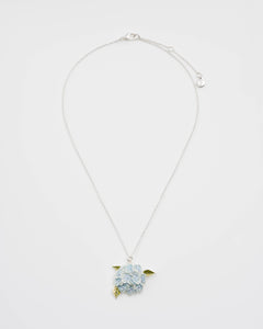 Silver Hydrangea Necklace – Hand-Painted Blue Enamel Flower Pendant