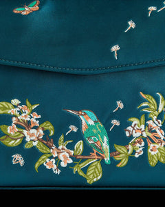Kingfisher Embroidered Mini Tote – Teal Satin