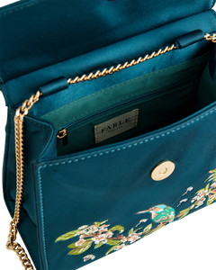 Kingfisher Embroidered Mini Tote – Teal Satin